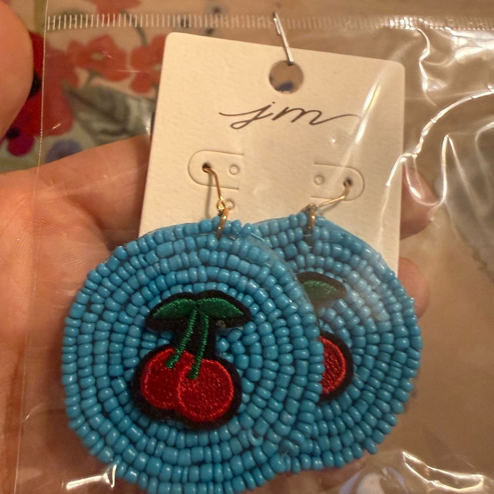 Blue Beaded Cherry Earrings - Picture 6 of 6